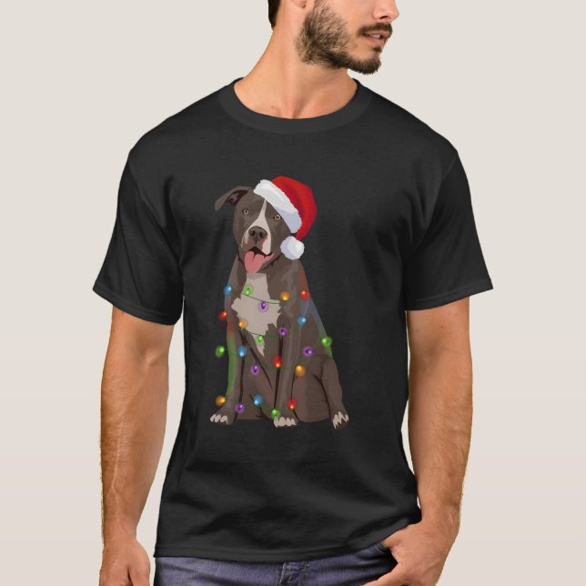 Pittie Pitbull Christmas Lights Xmas Dog Lover T-Shirt (Front)