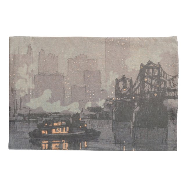 Pittsburgh At Night Hiroshi Yoshida Pillow Case (Back)
