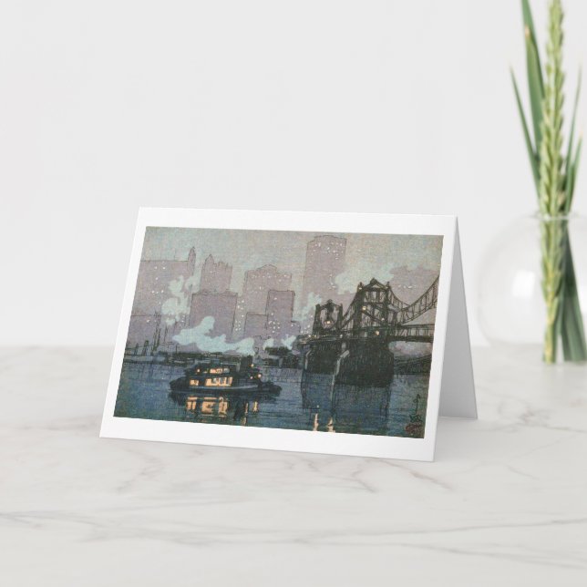 Pittsburgh at Night, Hiroshi Yoshida, Woodcut Card (Front)