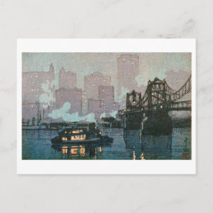 Pittsburgh at Night, Hiroshi Yoshida, Woodcut Postcard