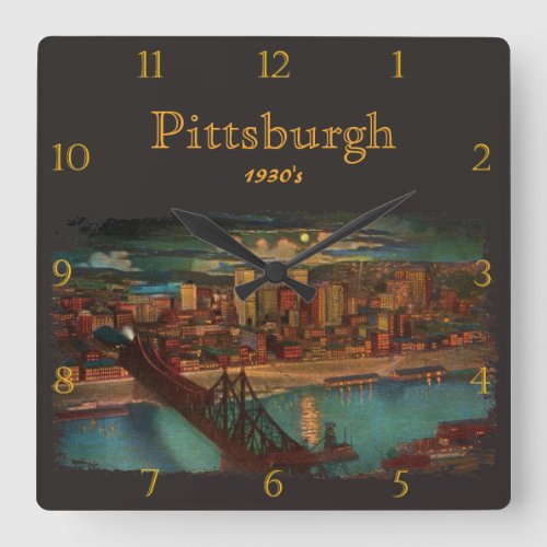 Pittsburgh By Moonlight 1930s Custom Square Wall Clock
