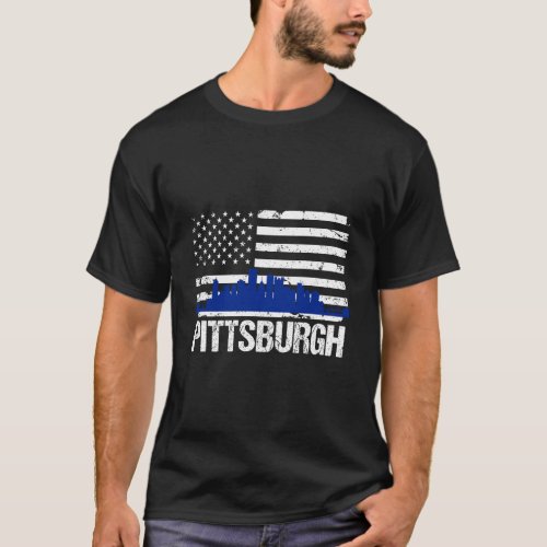 Pittsburgh City Skyline Distressed American Flag T_Shirt