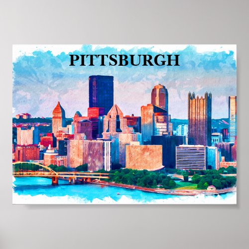 Pittsburgh Cityscape Watercolor Painting Poster