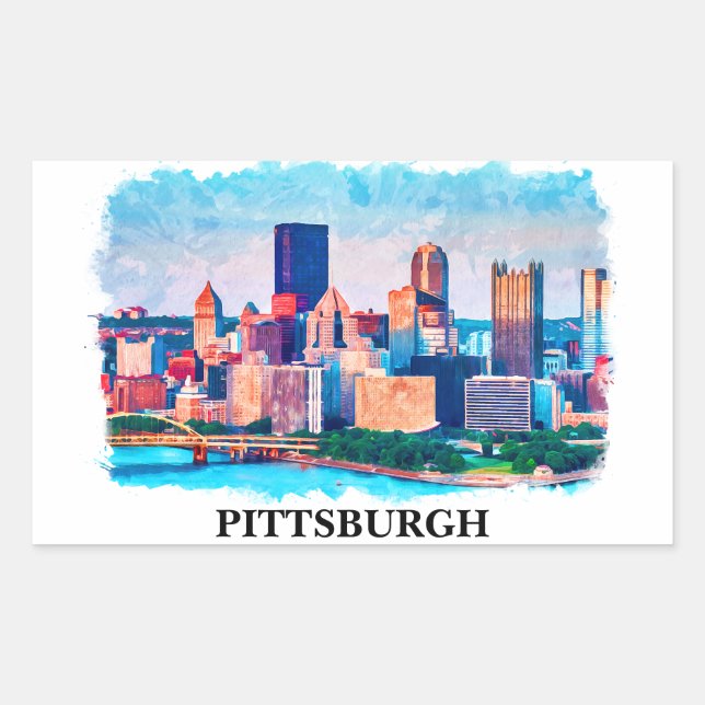 Pittsburgh Cityscape Watercolor Painting Rectangular Sticker (Front)