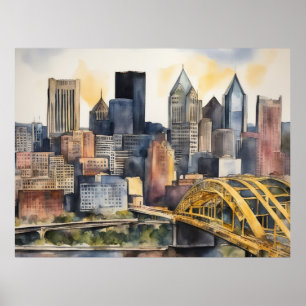 Pittsburgh Cityscape watercolor Poster