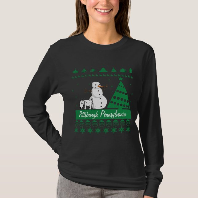 Pittsburgh Dog Peeing On Snowman Tacky Sweater (Front)
