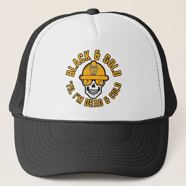 Pittsburgh Football Fan Black And Gold Skull Canva Trucker Hat (Front)