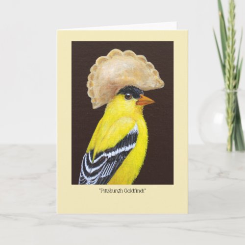 Pittsburgh Goldfinch with pierogi hat card