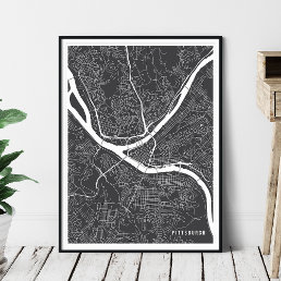 Pittsburgh Map, Abstract Charcoal Gray City Map Poster