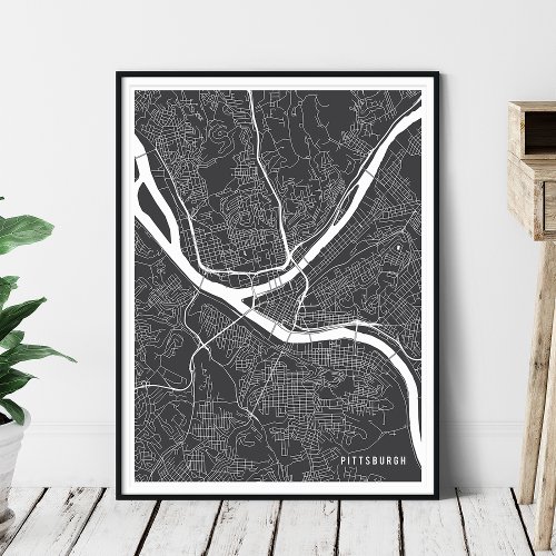 Pittsburgh Map Abstract Charcoal Gray City Map Poster