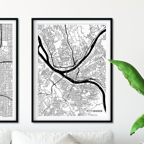 Pittsburgh Map Contemporary Black and White Map Poster