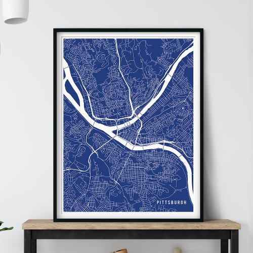 Pittsburgh Map Simple Navy Blue Line Map Poster