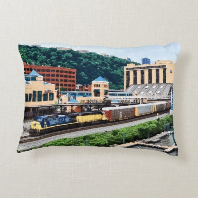 Pittsburgh PA - Train Going By Station Square Accent Pillow (Back)