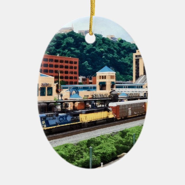 Pittsburgh PA - Train Going By Station Square Ceramic Ornament (Front)