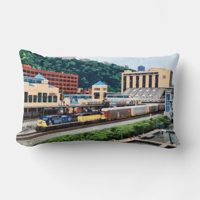 Pittsburgh PA - Train Going By Station Square Lumbar Pillow (Front)