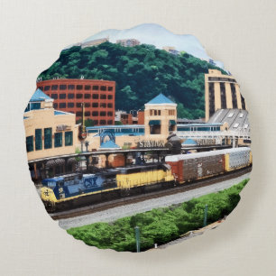 Pittsburgh PA - Train Going By Station Square Round Pillow