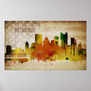 Pittsburgh, PA   Watercolor City Skyline Poster