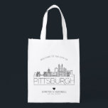Pittsburgh, Penn Wedding | Stylized Skyline Grocery Bag<br><div class="desc">A unique wedding bag for a wedding taking place in the beautiful city of Pittsburgh,  Pennsylvania.  This bag features a stylized illustration of the city's unique skyline with its name underneath.  This is followed by your wedding day information in a matching open lined style.</div>