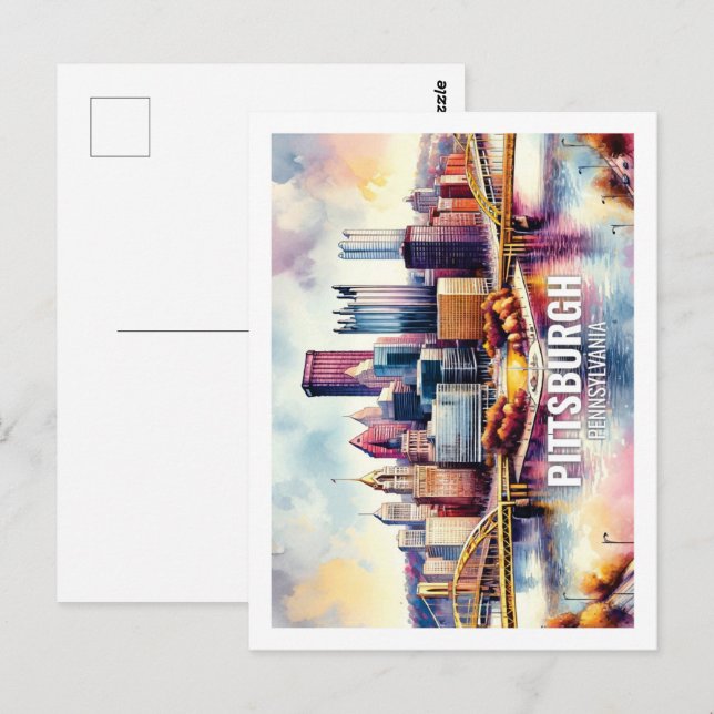 Pittsburgh Pennsylvania Famous Travel watercolor Postcard (Front/Back)