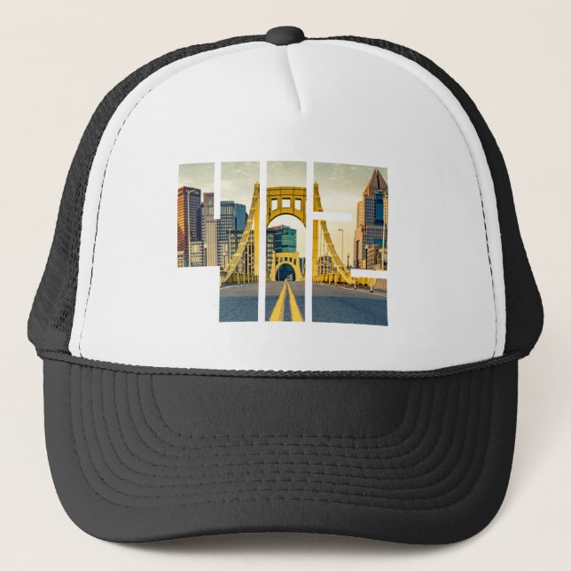 Pittsburgh Pennsylvania Steel City Skyline 412 Can Trucker Hat (Front)