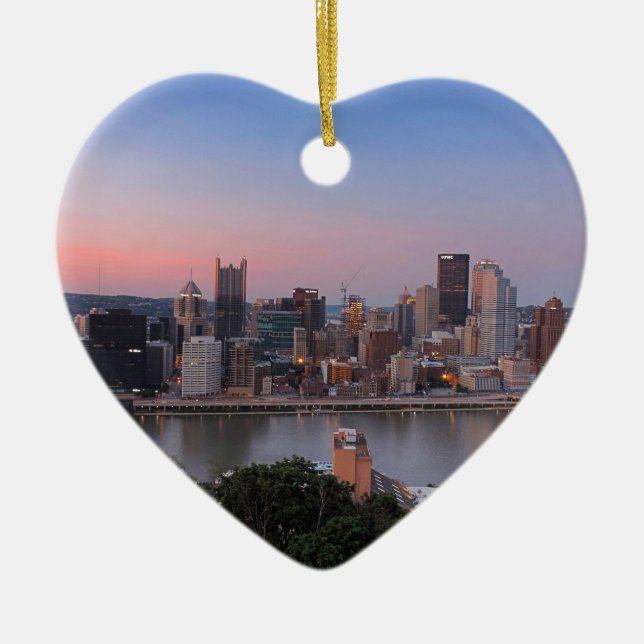 Pittsburgh Skyline at Sunset Ceramic Ornament (Front)