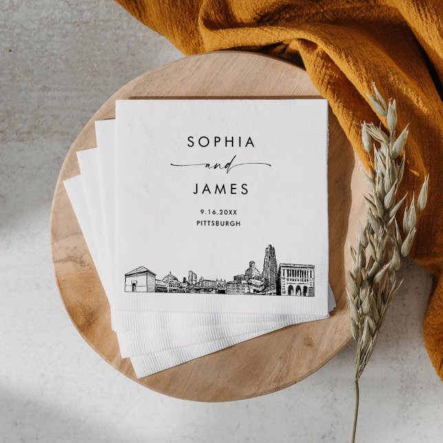 Pittsburgh Skyline Modern Wedding Cocktail Napkins (Creator Uploaded)