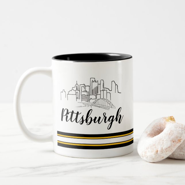 Pittsburgh Skyline Steelers Two-Tone Coffee Mug (With Donut)