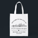 Pittsburgh Skyline Tote Bag – Custom Wedding favor<br><div class="desc">Welcome your guests to City in style with this personalized Pittsburgh Penn skyline tote bag. Featuring a clean, modern illustration of Pittsburgh 's iconic cityscape and customizable names and date, this tote is perfect for weddings, destination events, or bachelorette weekends . Use it as a welcome bag filled with local...</div>