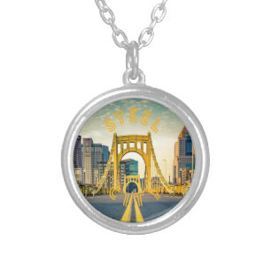 Pittsburgh Steel City Skyline 412 Pennsylvania Can Silver Plated Necklace