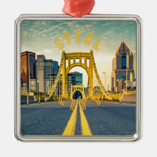Pittsburgh Steel City Skyline Bridge Pennsylvania  Metal Ornament