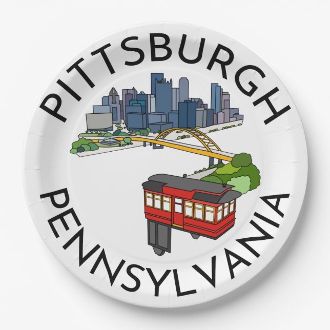Pittsburgh Steel City Skyline Incline Pennsylvania Paper Plates (Front)