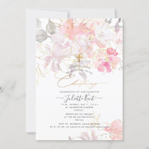 PixDezin Watercolor Blush Sweetpeas Christening Invitation