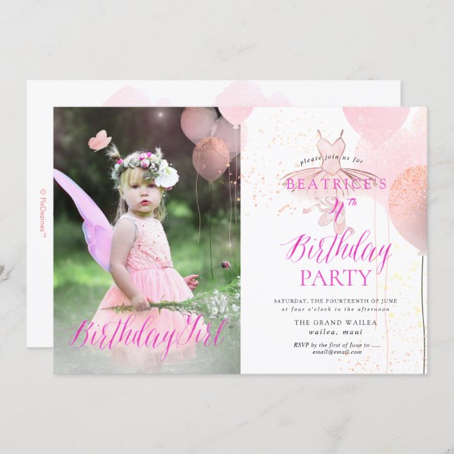 PixDezine ANY AGE, Ballerina Birthday Girl Invitation (Front/Back)