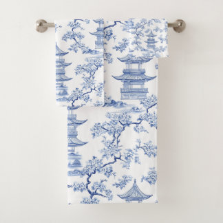 PixDezine Blue Chinoiserie Pagodas Cherry Blossoms Bath Towel Set