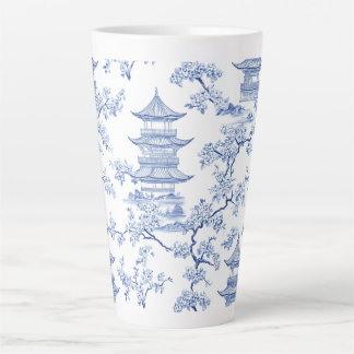 PixDezine Blue Chinoiserie Pagodas Cherry Blossoms Latte Mug