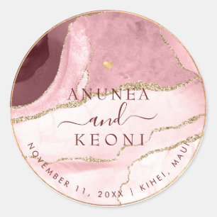 PixDezine Blush Burgundy Agate Marble Golden Heart Classic Round Sticker