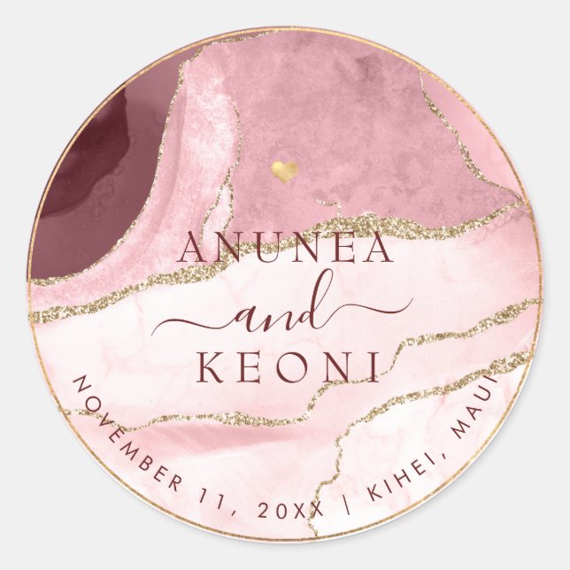PixDezine Blush Burgundy Agate Marble Golden Heart Classic Round Sticker (Front)
