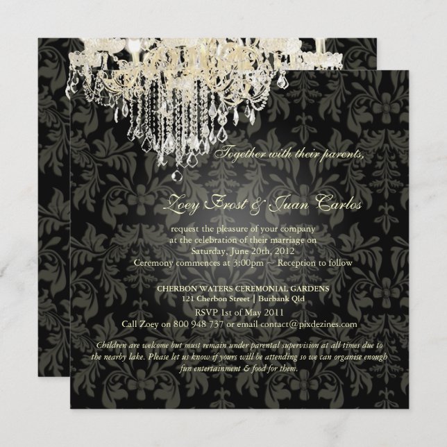 PixDezine CRYSTAL CHANDELIER+BAROQUE DAMASK Invitation (Front/Back)