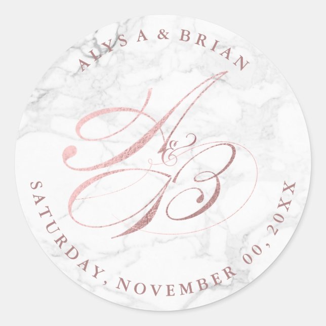 PixDezine DIY Monograms/Marble/Faux Rose Gold Classic Round Sticker (Front)