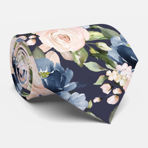 PixDezine Dusty Blue Blush Roses Navy Neck Tie