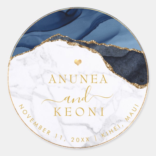PixDezine H2 Blue Agate + Marble Faux Gold Heart Classic Round Sticker (Front)