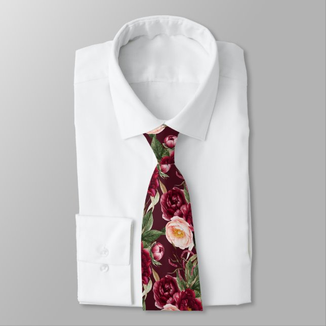 PixDezine H2 Flowers Burgundy Blush Peonies Neck Tie (Tied)
