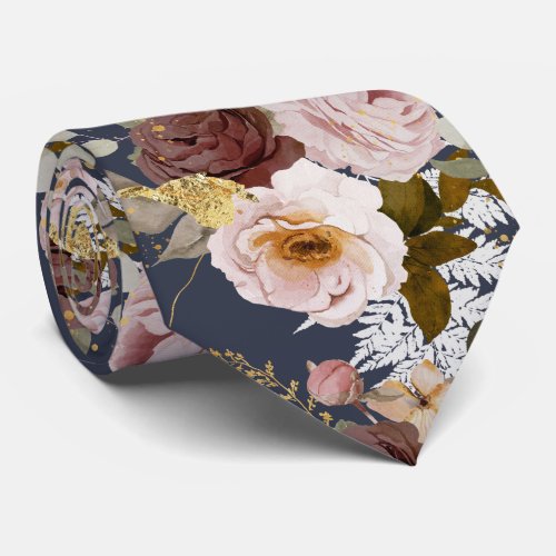 PixDezine H2 Flowers Burgundy Blush Roses Navy Neck Tie