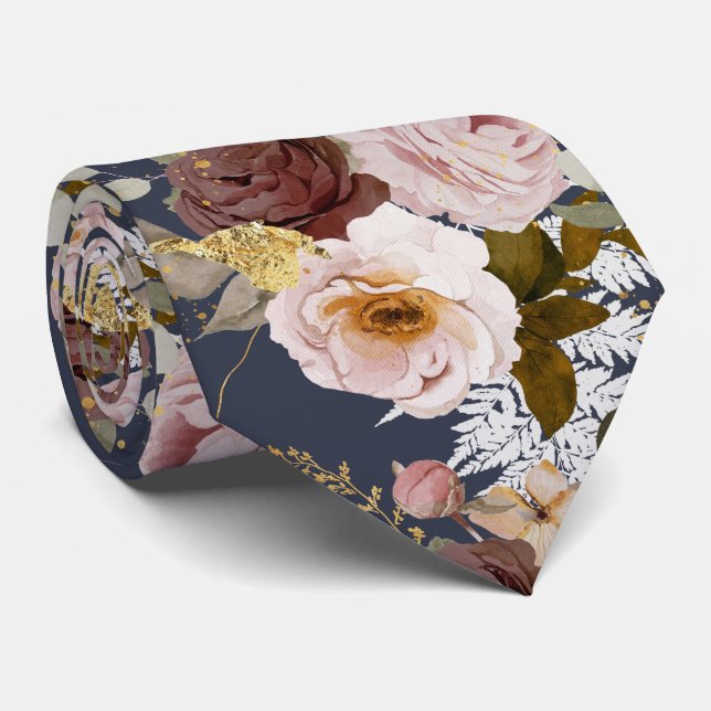 PixDezine H2 Flowers Burgundy Blush Roses Navy Neck Tie (Rolled)