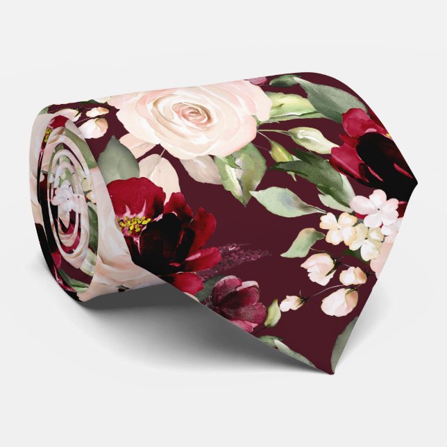 PixDezine H2 Flowers Burgundy Blush Roses Neck Tie (Rolled)