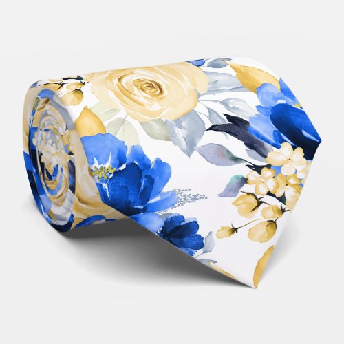 PixDezine H2 Flowers Cerulean Blue Gold Roses Neck Tie