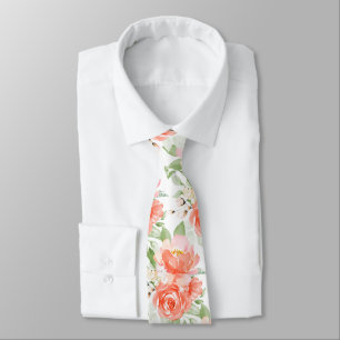 PixDezine H2 Flowers Coral Orange Jade Green Neck Tie