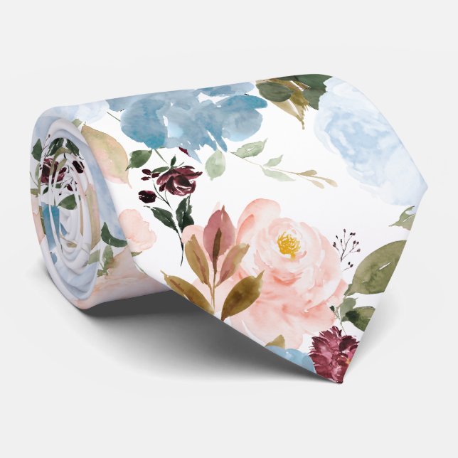 PixDezine H2 Flowers Dusty Blue n Blush Pink Neck Tie (Rolled)