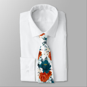 PixDezine H2 Flowers Teal n Rust Orange Neck Tie