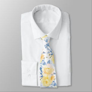 PixDezine H2 Flowers Yellow Roses DustyBlue Neck Tie